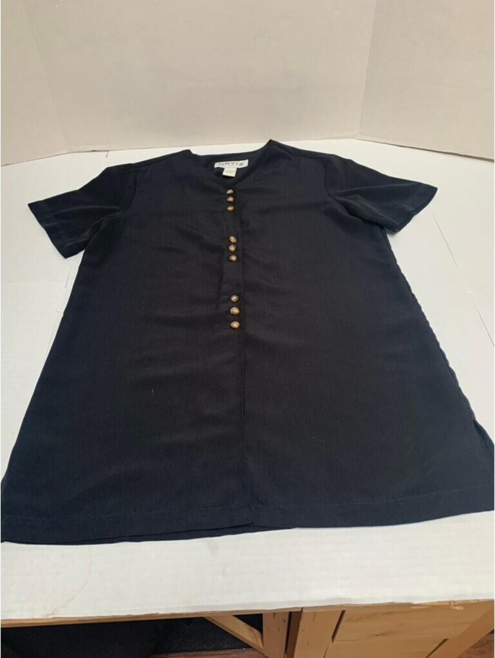 Vintage Orvis Womans Size Small Black Tunic Style Blouse Button Down Top